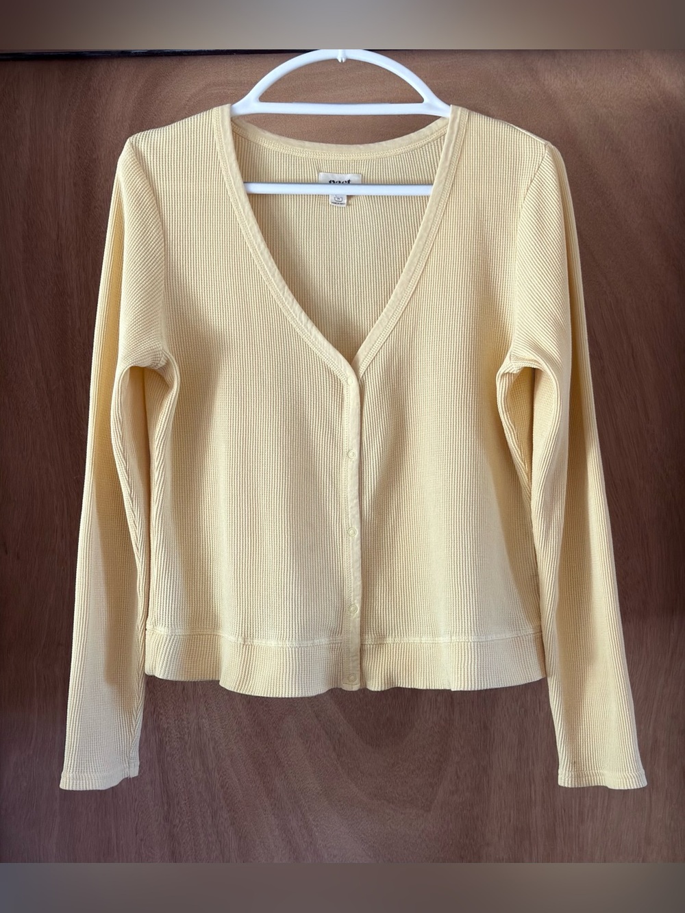 PACT Organic Cotton Cardigan Waffle Knit Snap Front Women's M Canary Yellow